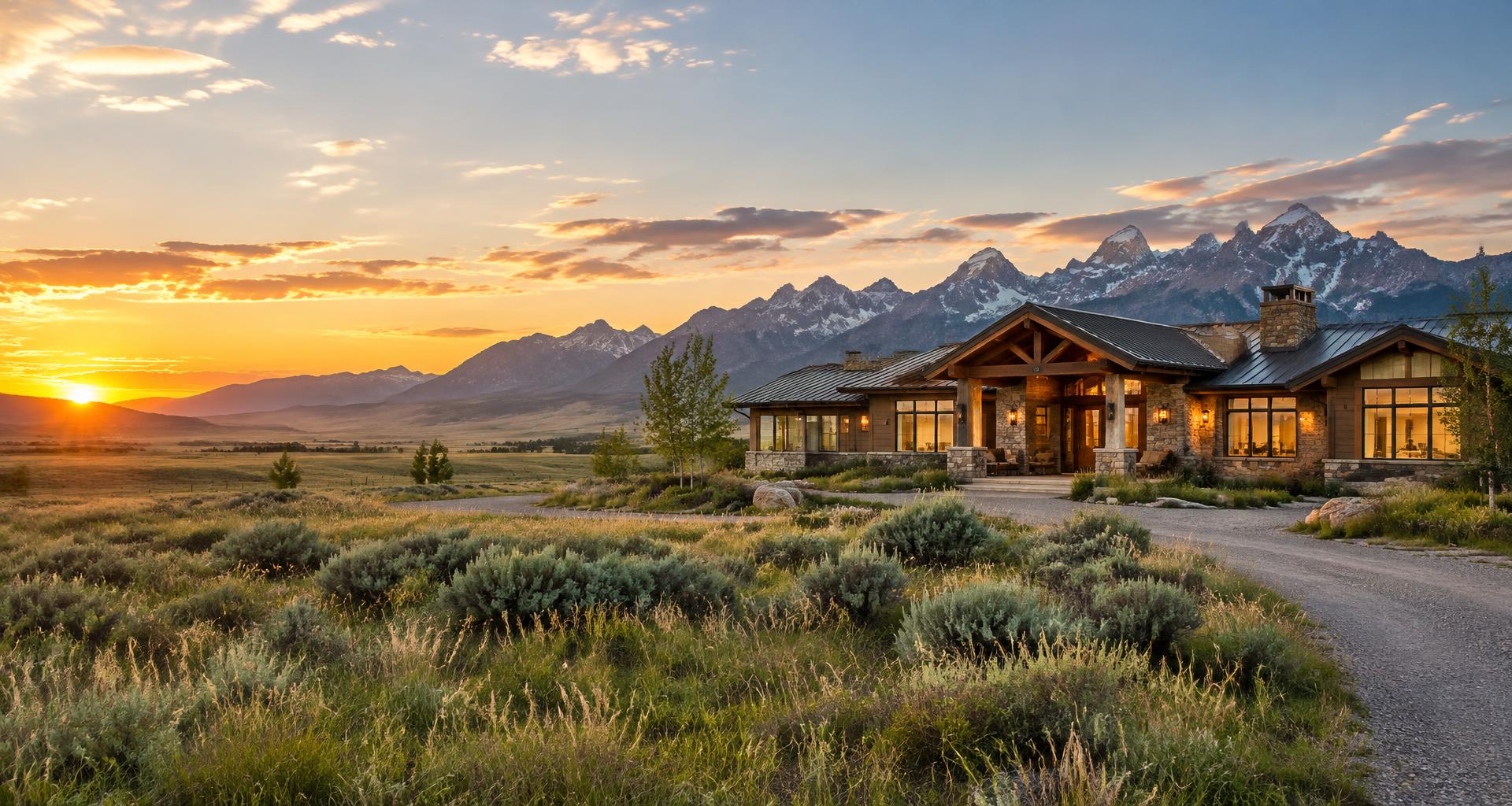 A ranch-style family home overlooking the Wyoming-inspired Mountain West at golden hour